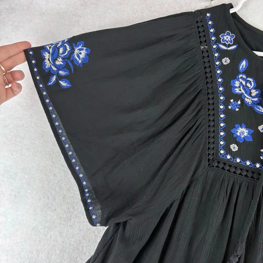 Blue Rain Boho Tunic Dress Womens Oversized XS Black Blue Floral Cottage Peasant